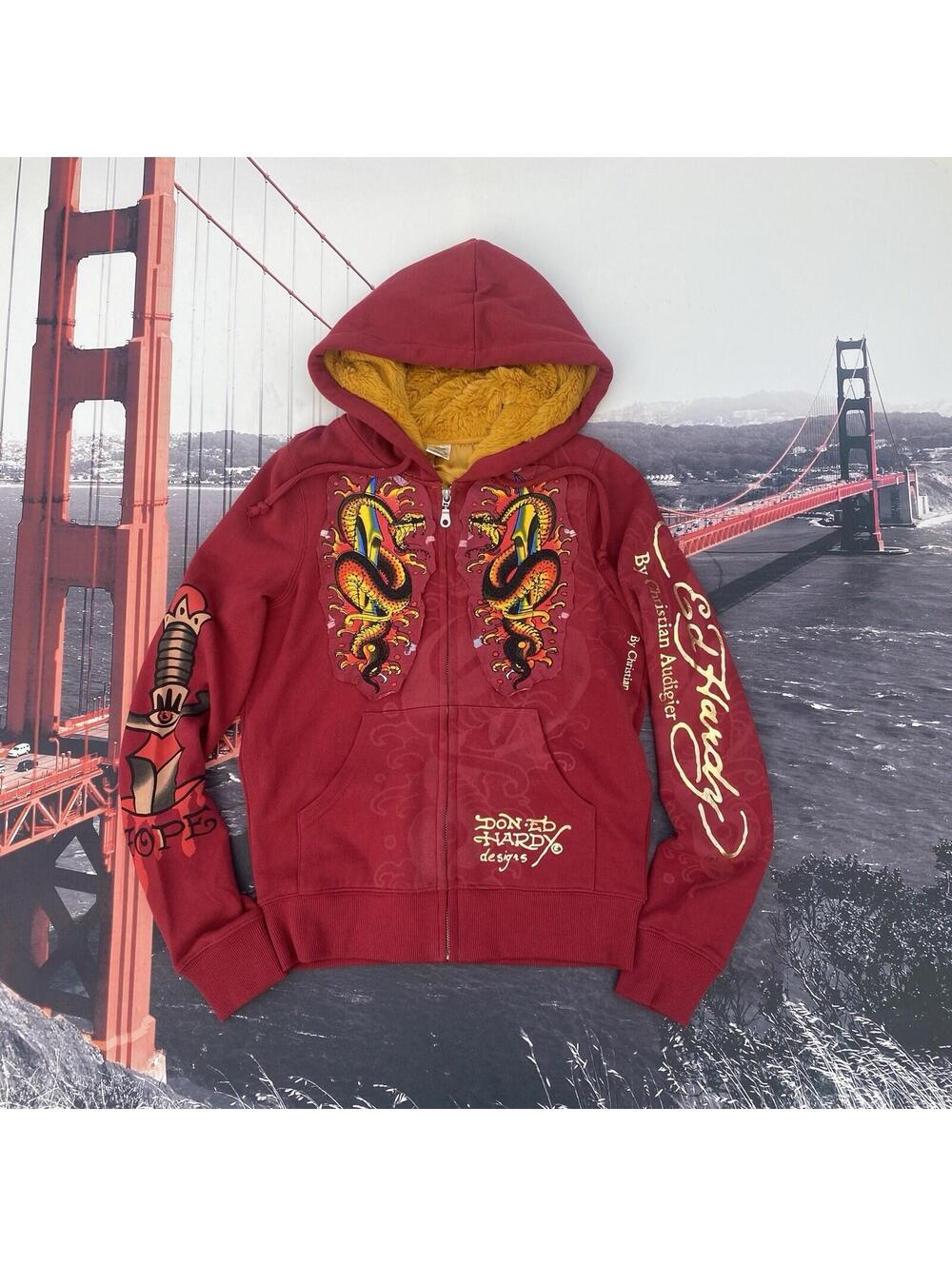 Ed Hardy Full Zip Hoodie Red Women’s Xs Y2K Stitched Snake/Skull Gold Line Fur
